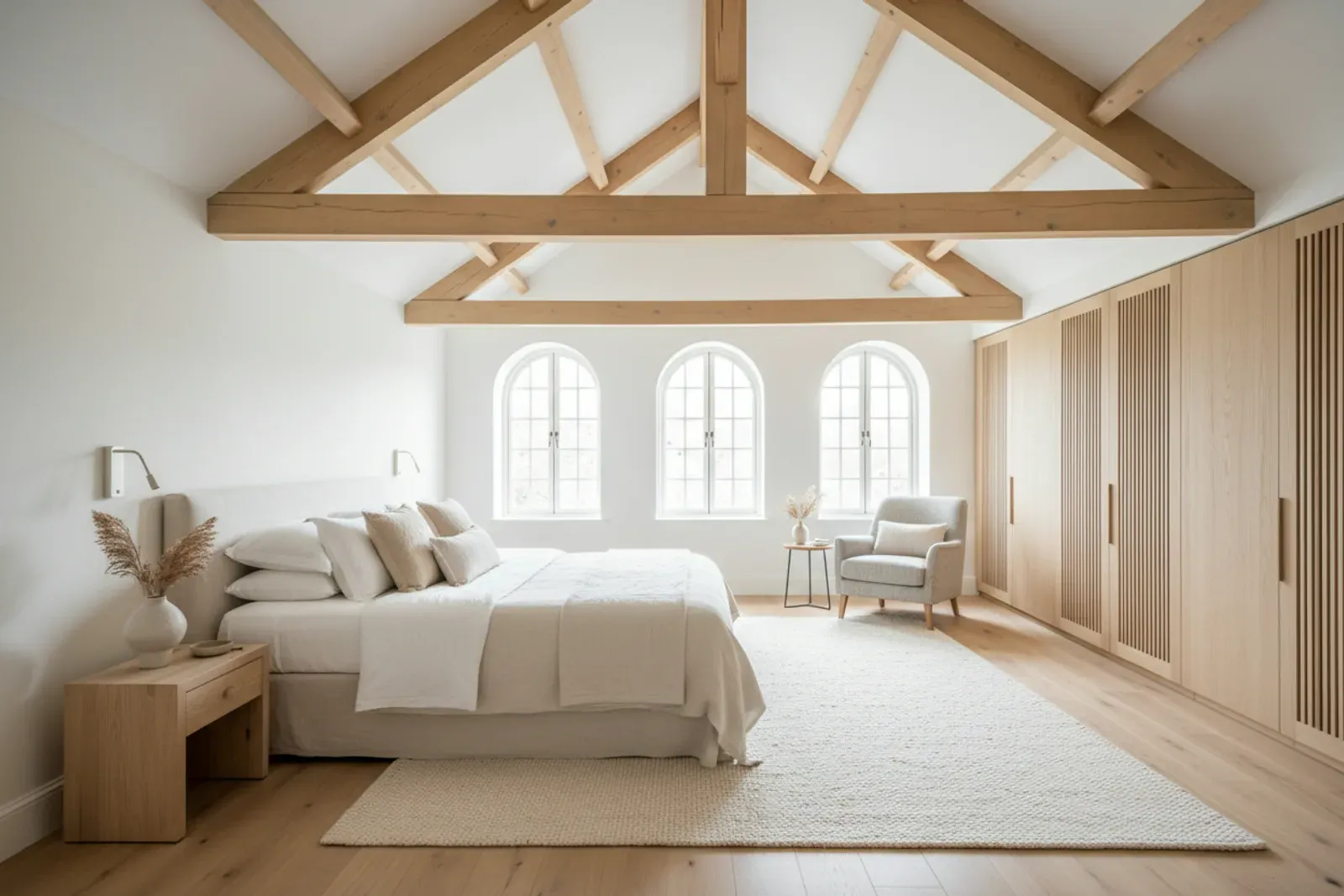 Bedroom with pale oak beams across a vaulted ceiling