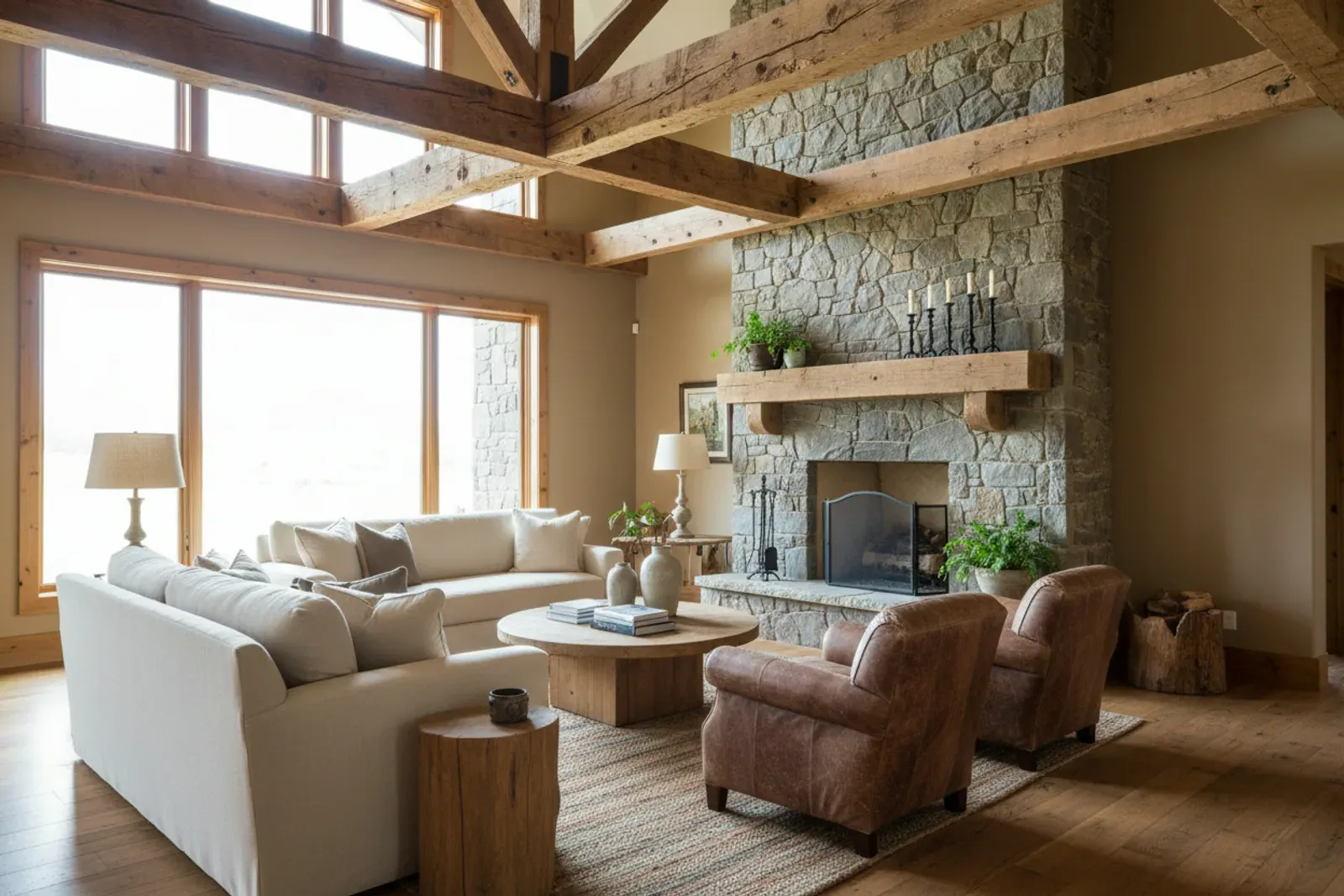 Living room with rustic hand hewn beams above a stone fireplace