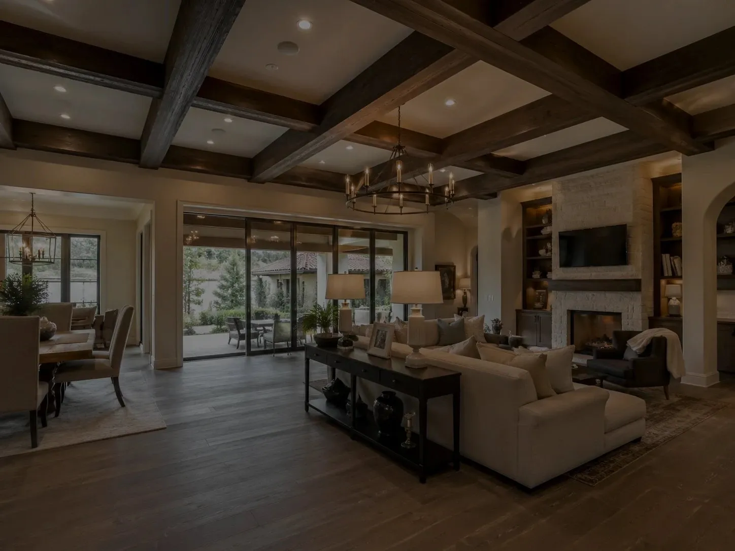 Dark stained decorative ceiling beams in a Jacksonville great room