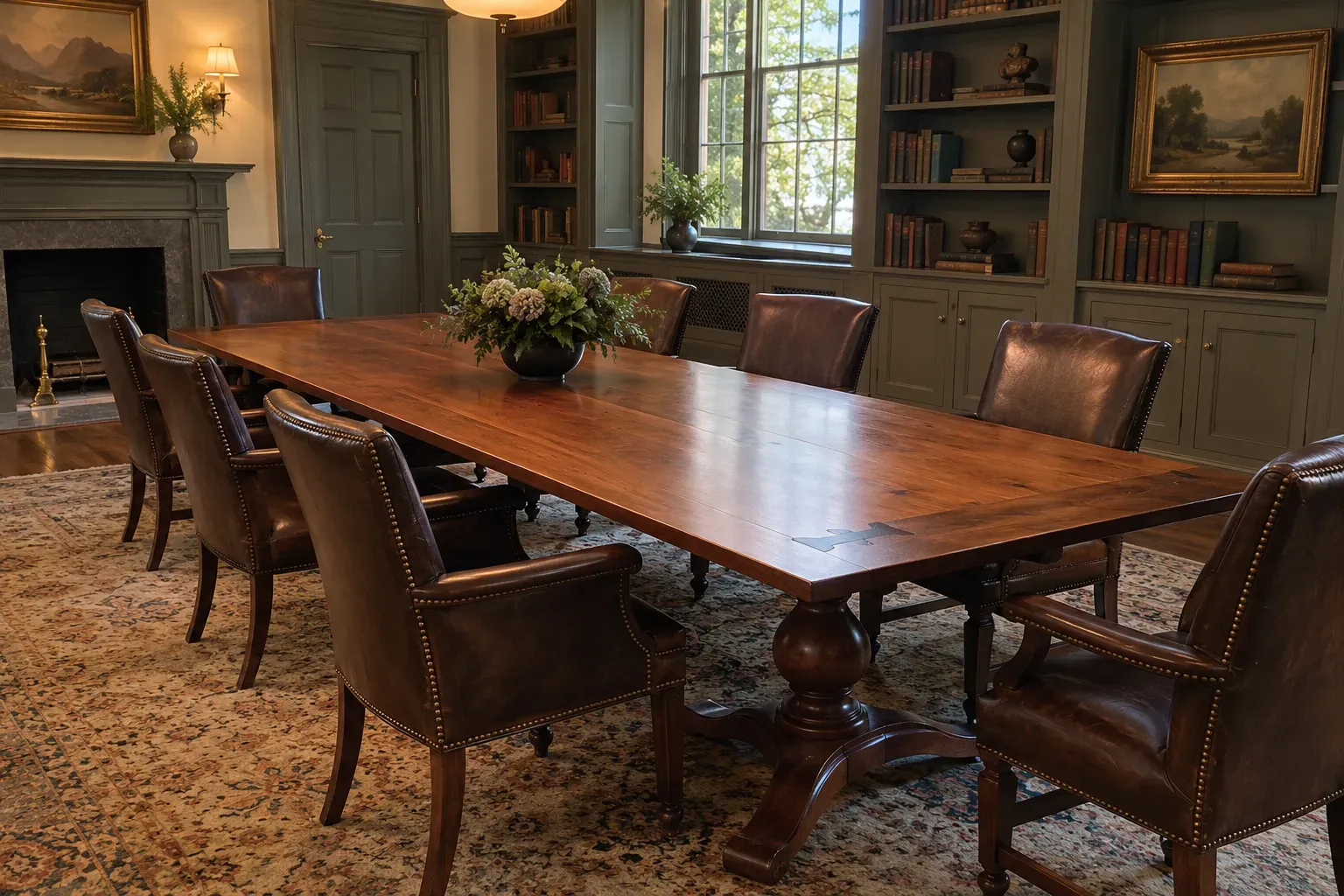 Cherry plank conference table on turned pedestals with nailhead leather armchairs in a traditional paneled room