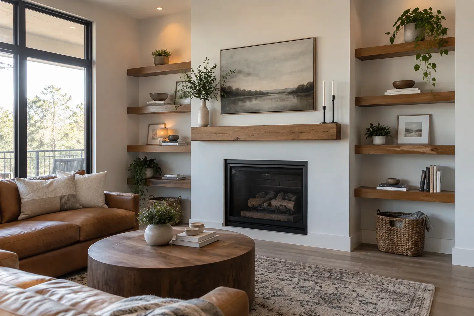 Chunky stained wood floating shelves in alcoves on both sides of a white fireplace with a beam mantel
