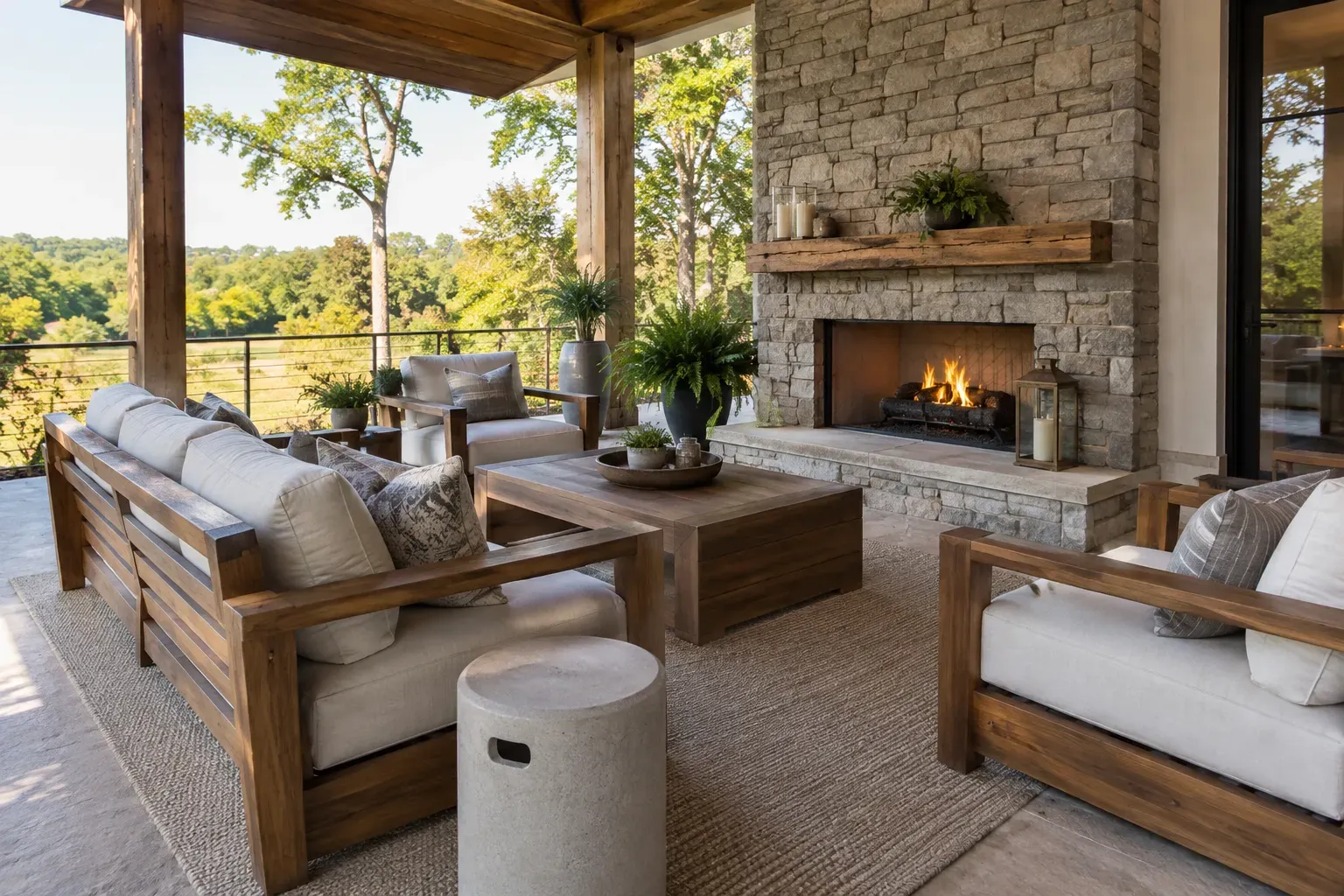 Chunky wood-framed outdoor sofa and armchairs with white cushions around a coffee table by a stone fireplace