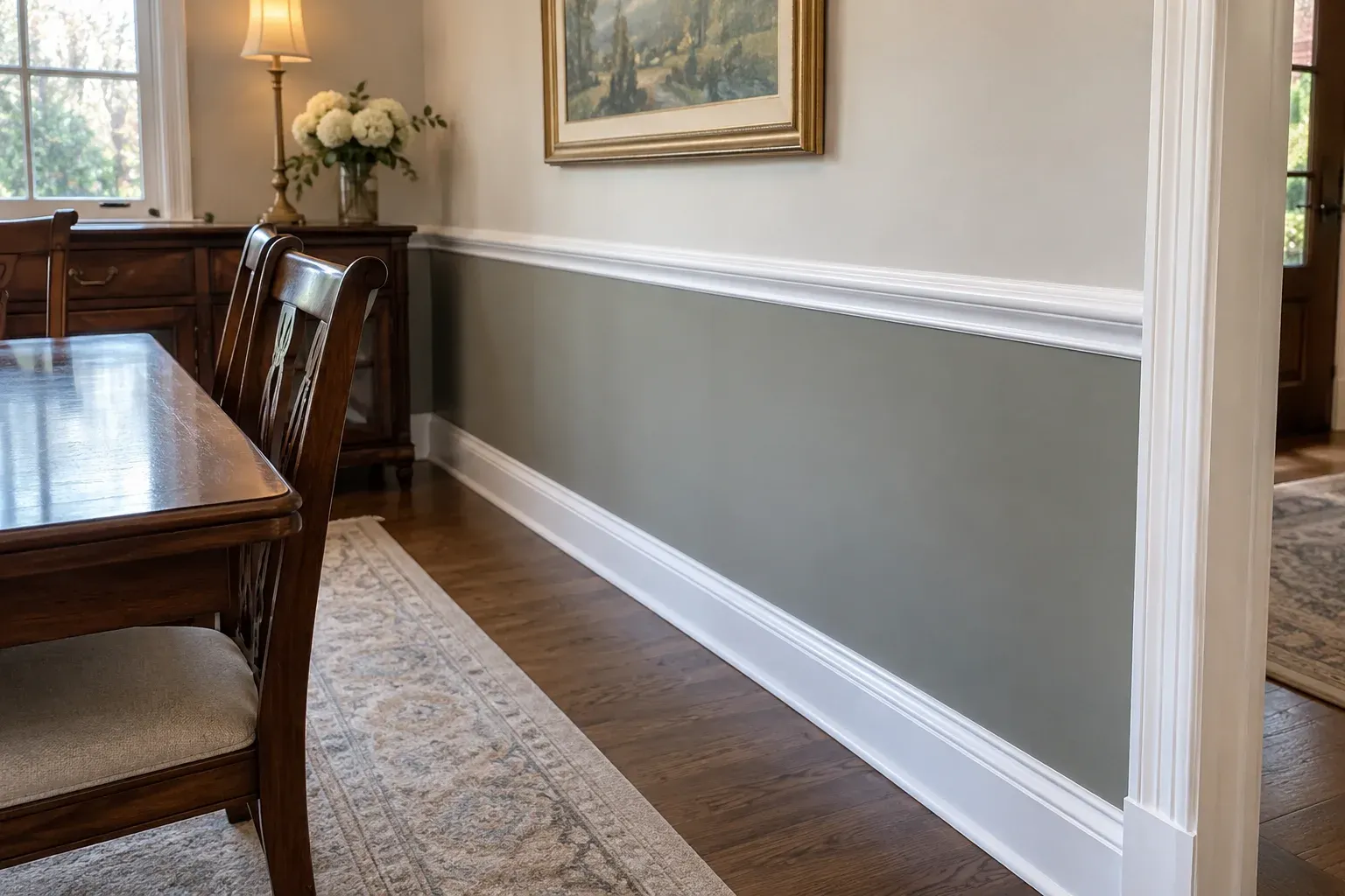Close view of white chair rail over a gray green painted lower wall with tall baseboard in a dining room