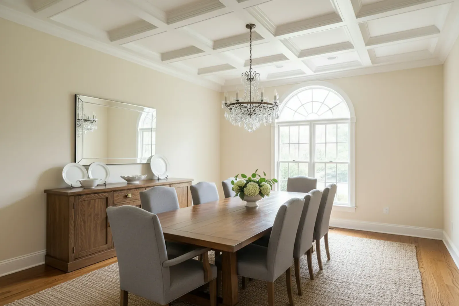 Dining room with a white coffered ceiling of recessed panels and a chandelier