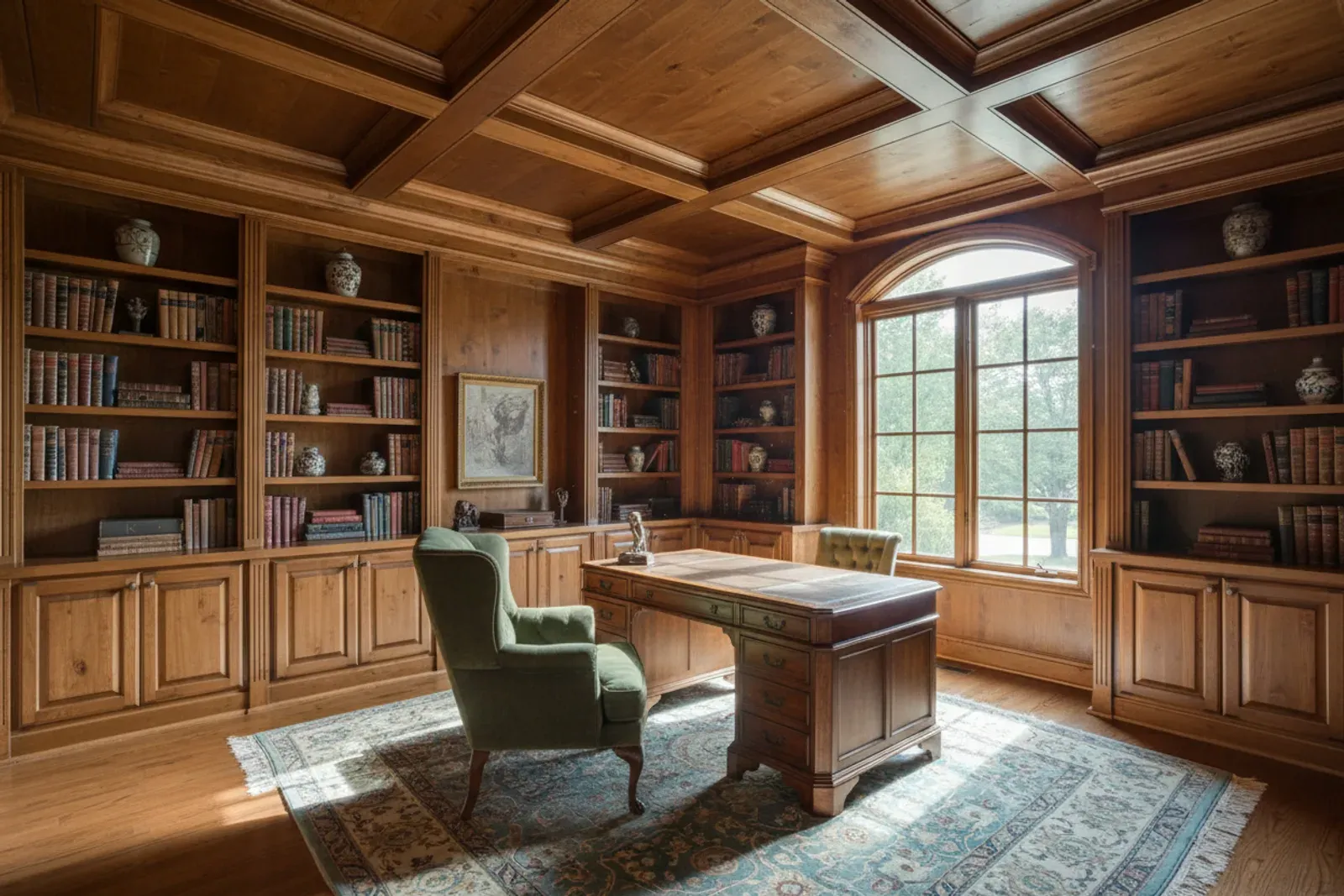 Study with a stained wood coffered ceiling above built-in bookcases