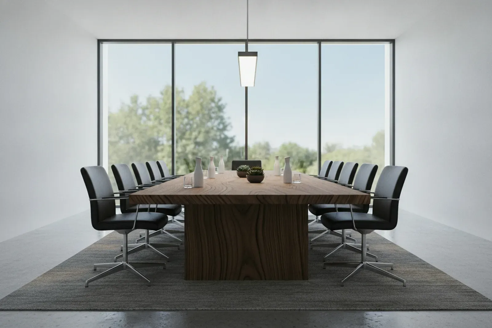 Long solid wood conference table in a bright boardroom with chairs around it