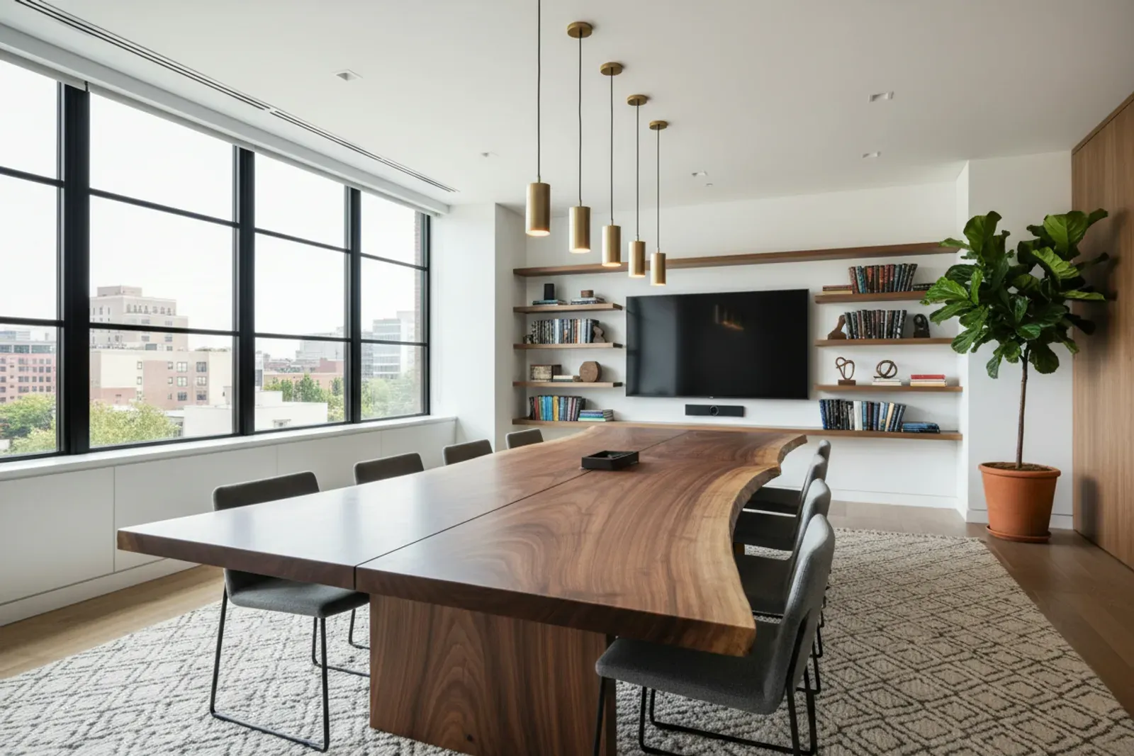 Live edge walnut boardroom table under pendant lights