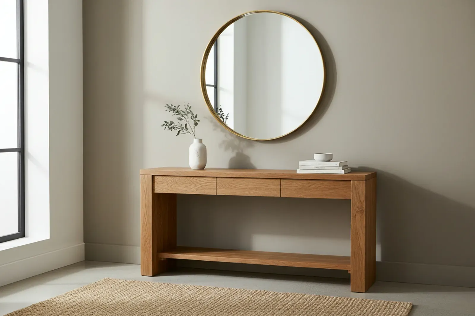 Wooden console table against an entryway wall below a mirror