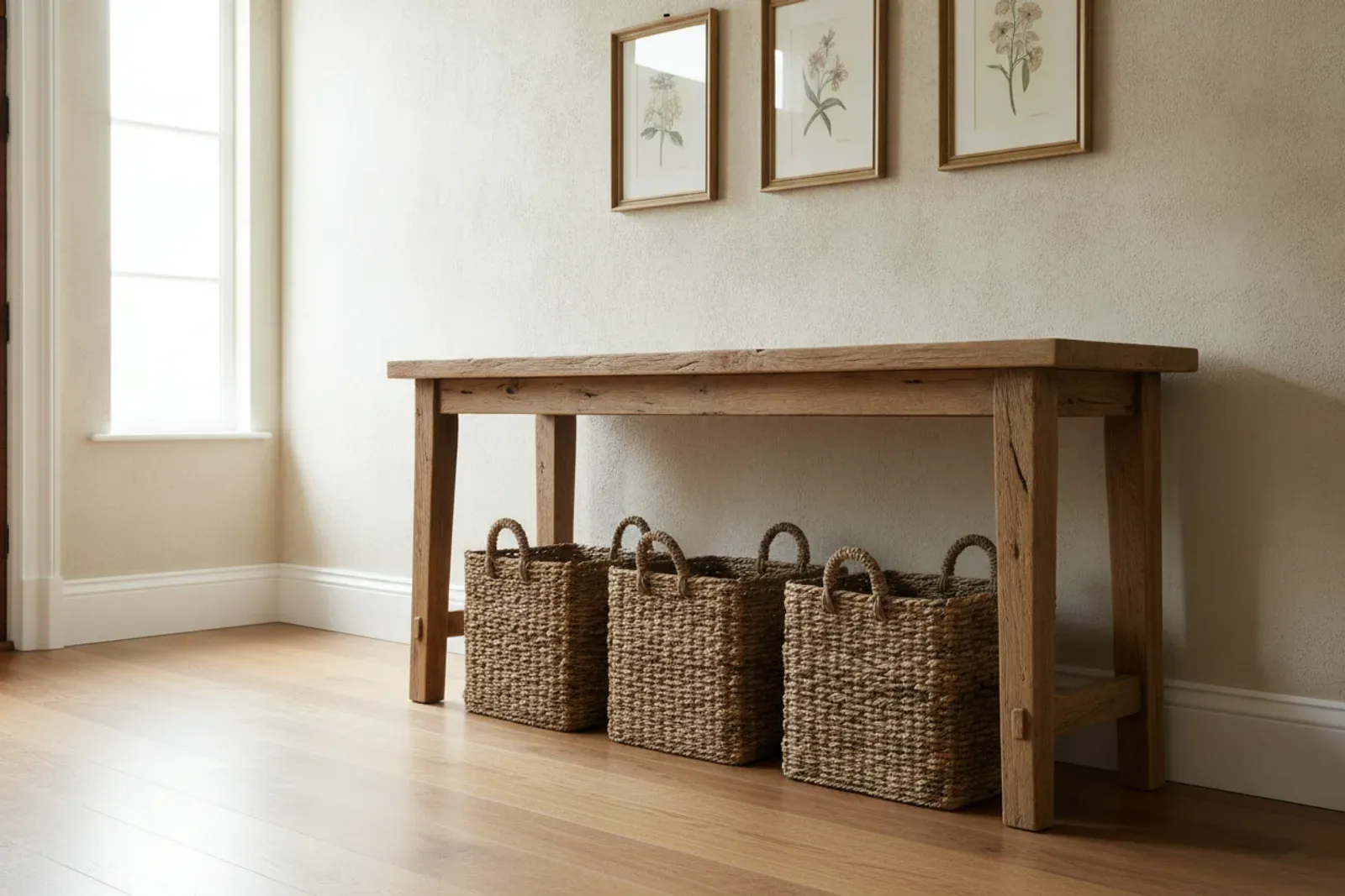 Narrow oak hall table with woven baskets beneath