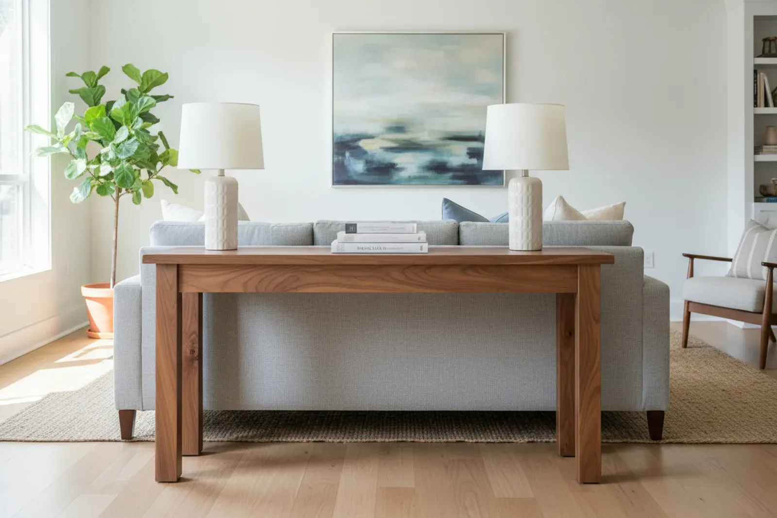 Walnut console table behind a sofa in a bright living room