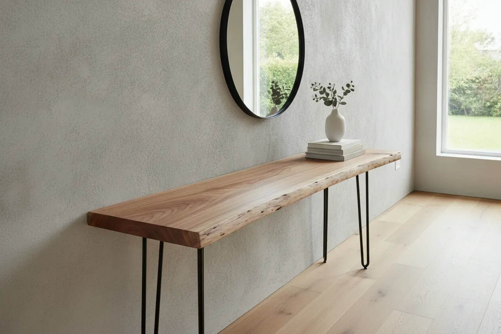 Live edge console table along a hallway wall