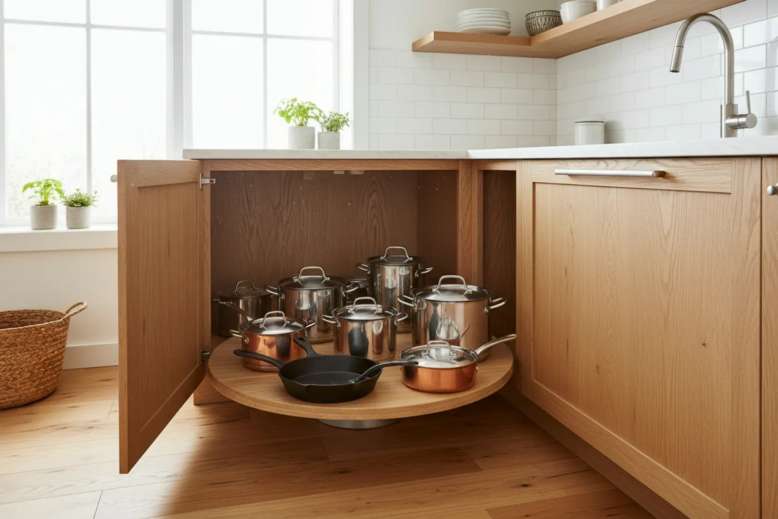 Kitchen corner cabinet with a lazy susan swung out, pans stored on it