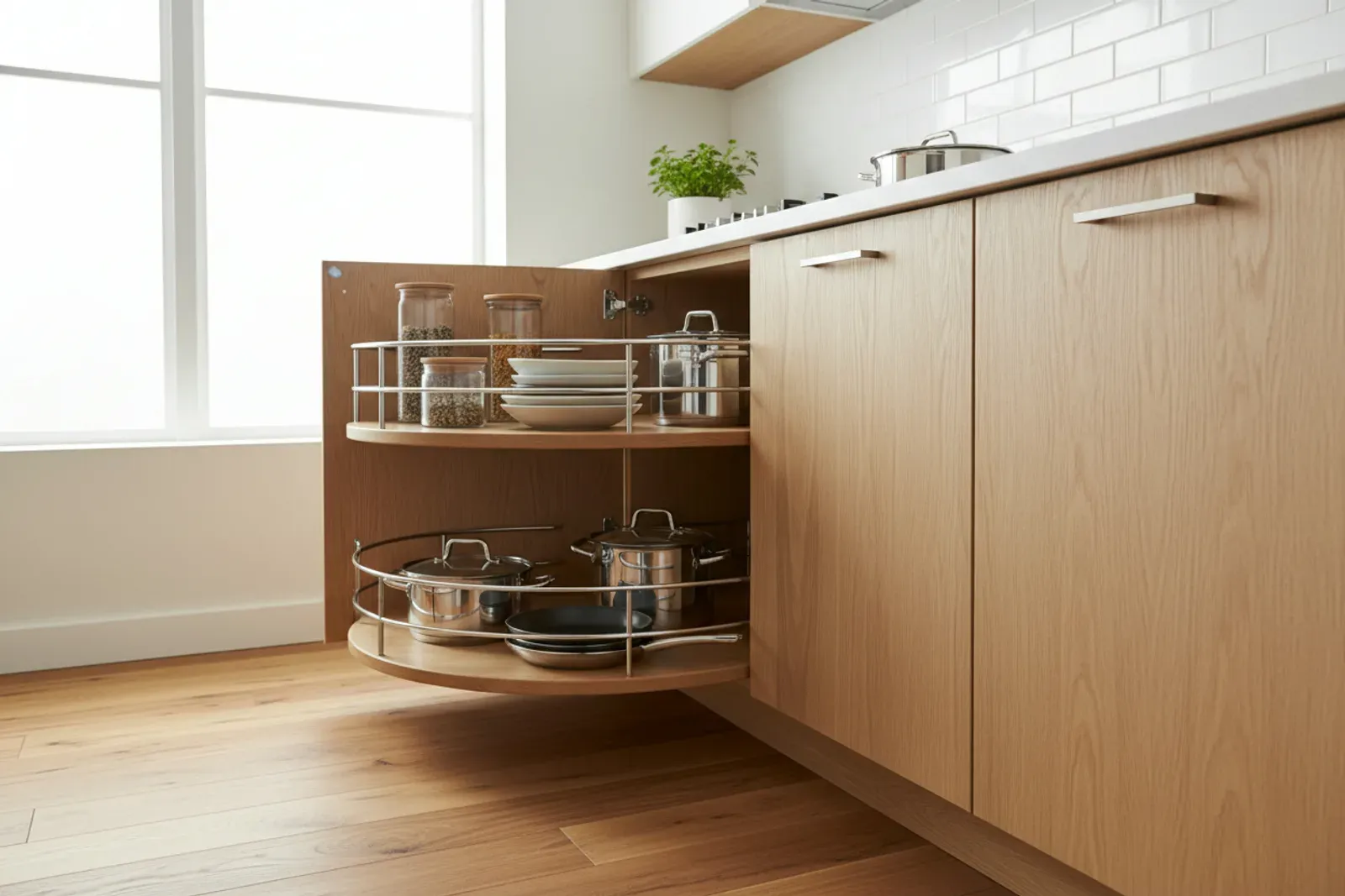 Blind corner pull out extended from a base cabinet