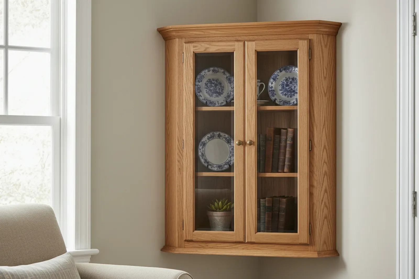 Diagonal corner wall cabinet with glass doors