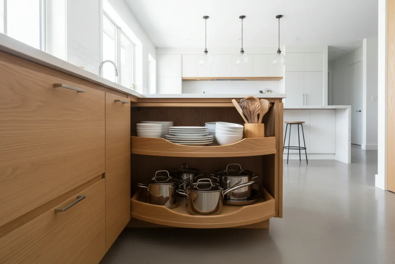 Corner drawer unit opened at an angle