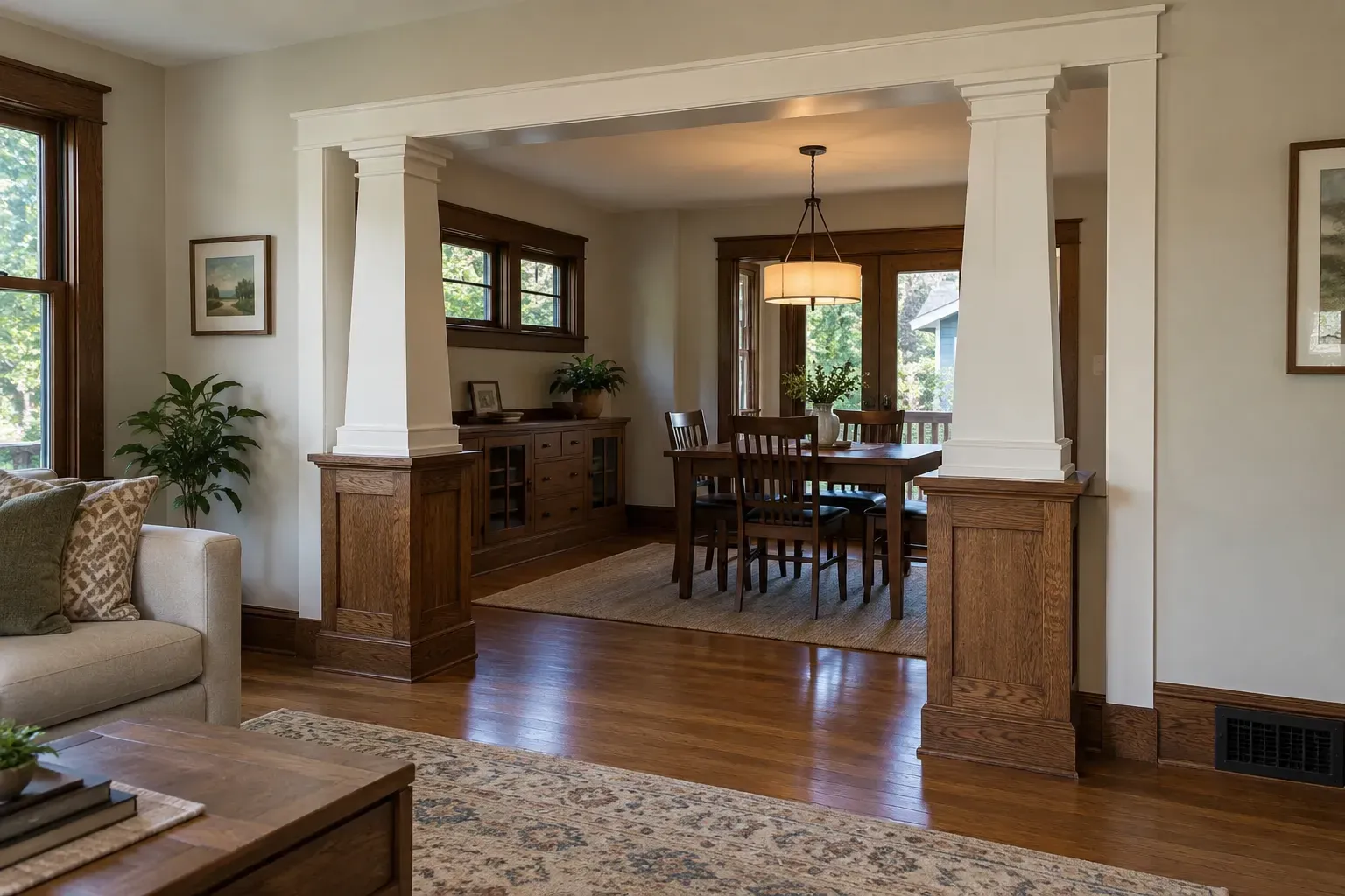 Craftsman tapered white columns on stained oak paneled pedestals framing the opening to a dining room