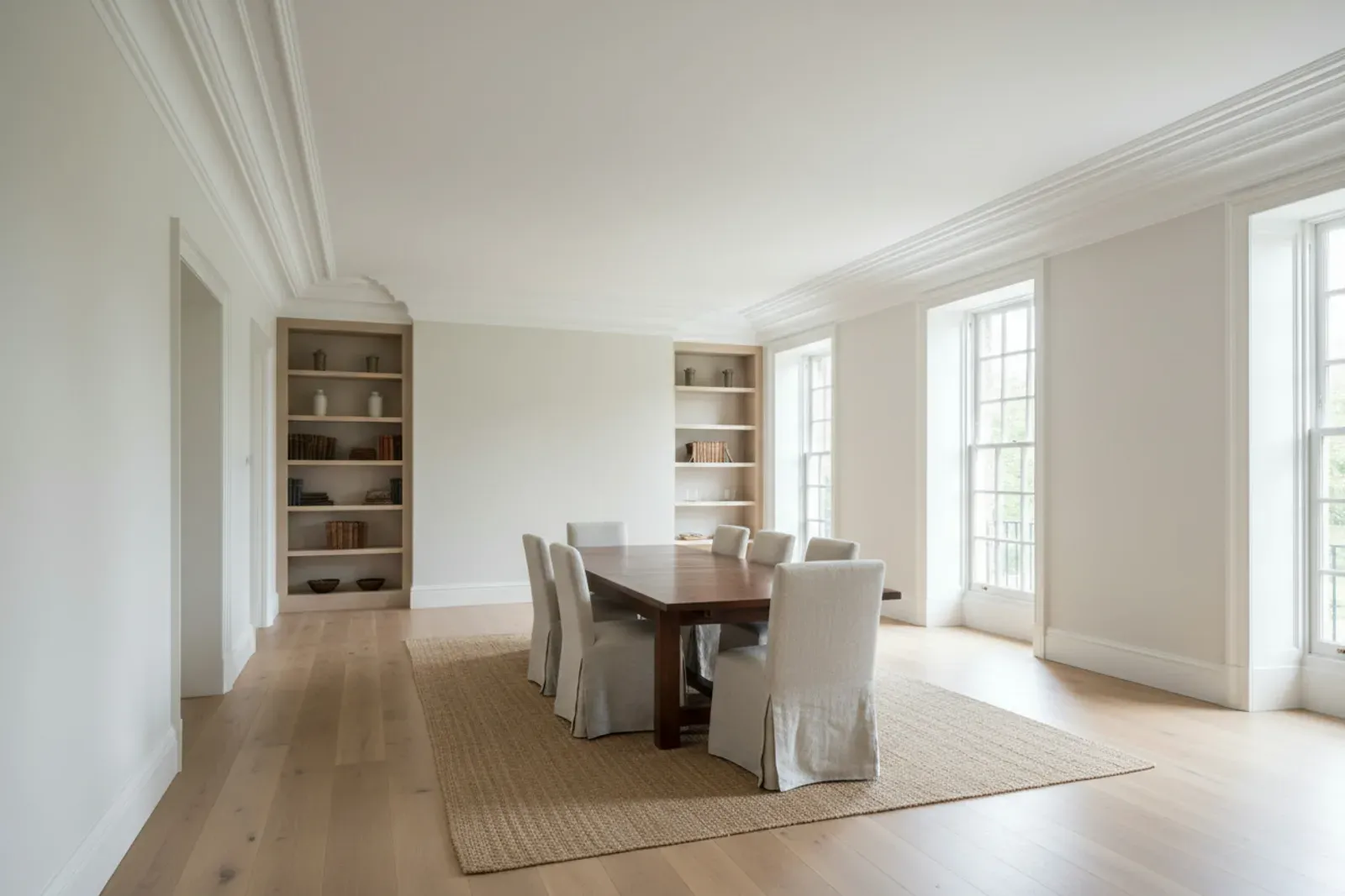 Bright room where layered white crown molding wraps the ceiling line