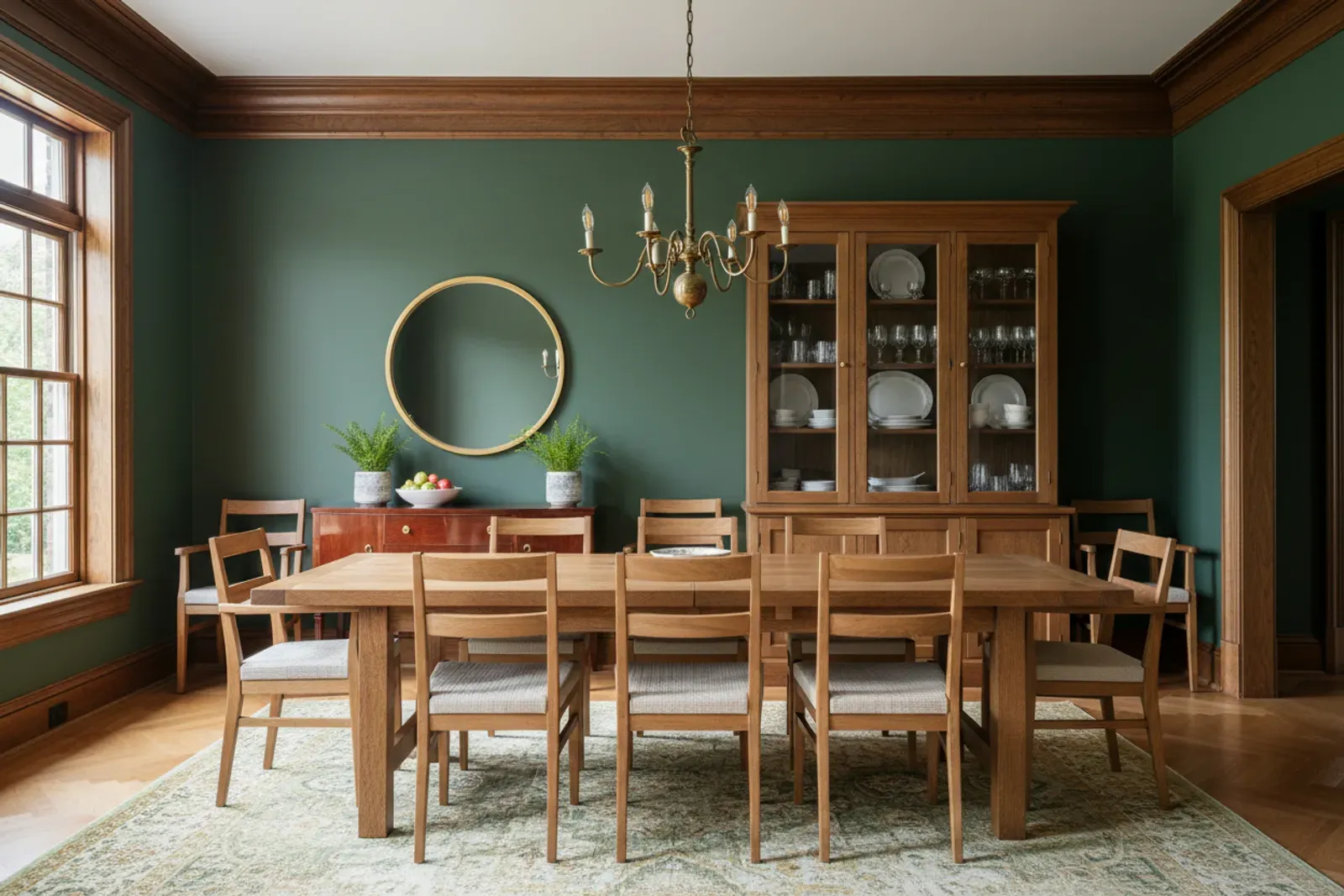 Dining room with deep crown molding above dark green walls