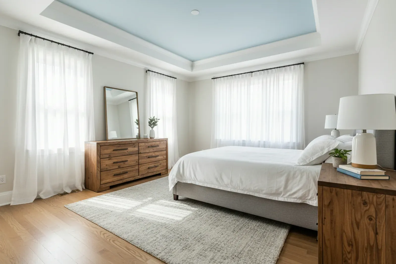 Bedroom tray ceiling outlined in white crown molding