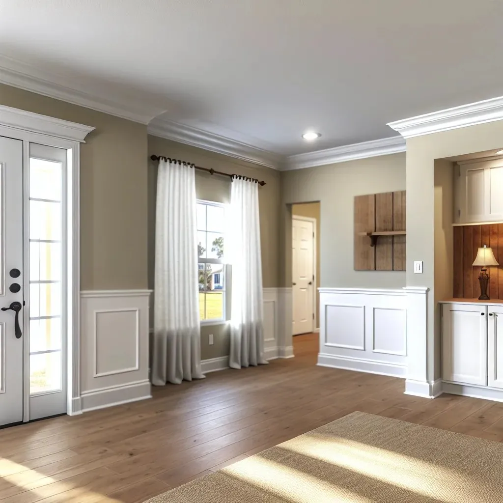 Painted crown molding and wainscoting in a bright living room