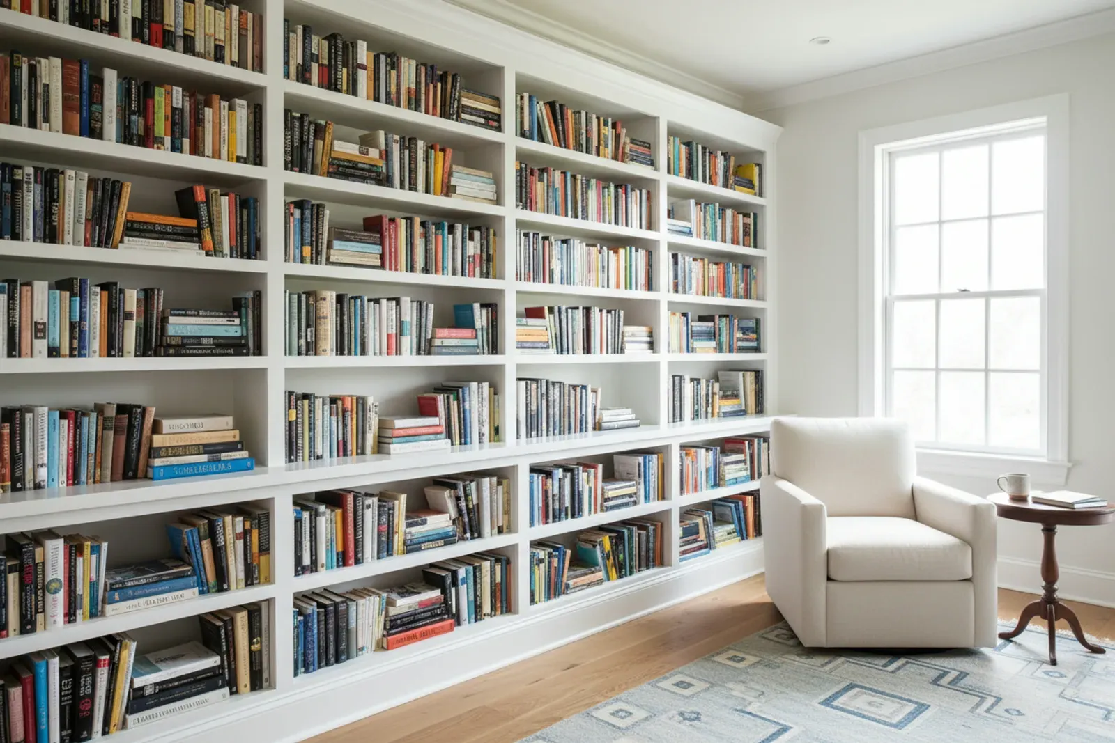 Wall of built-in white bookcases filled with books beside a window