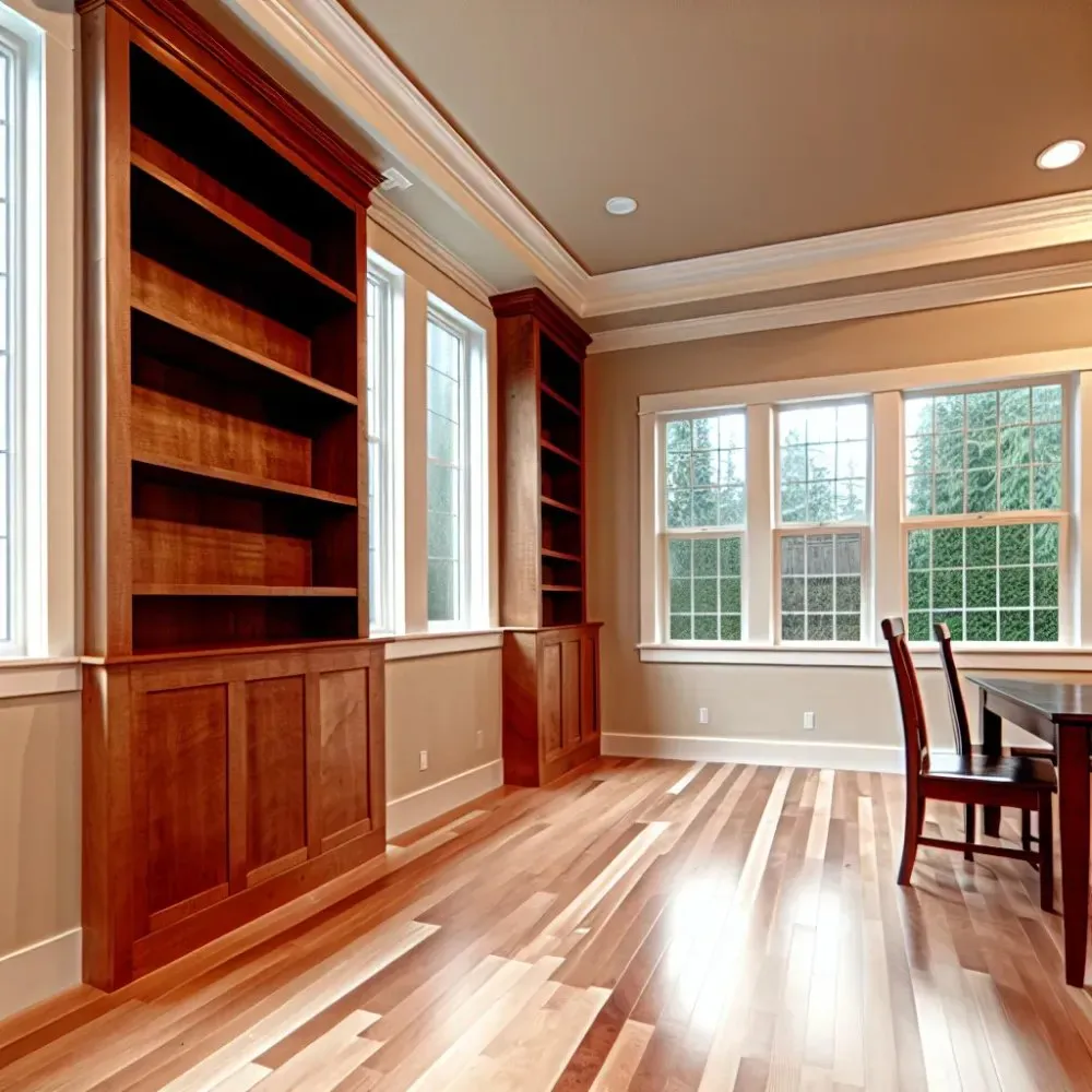 Cherry built-in bookcases with lower cabinets beside a row of windows
