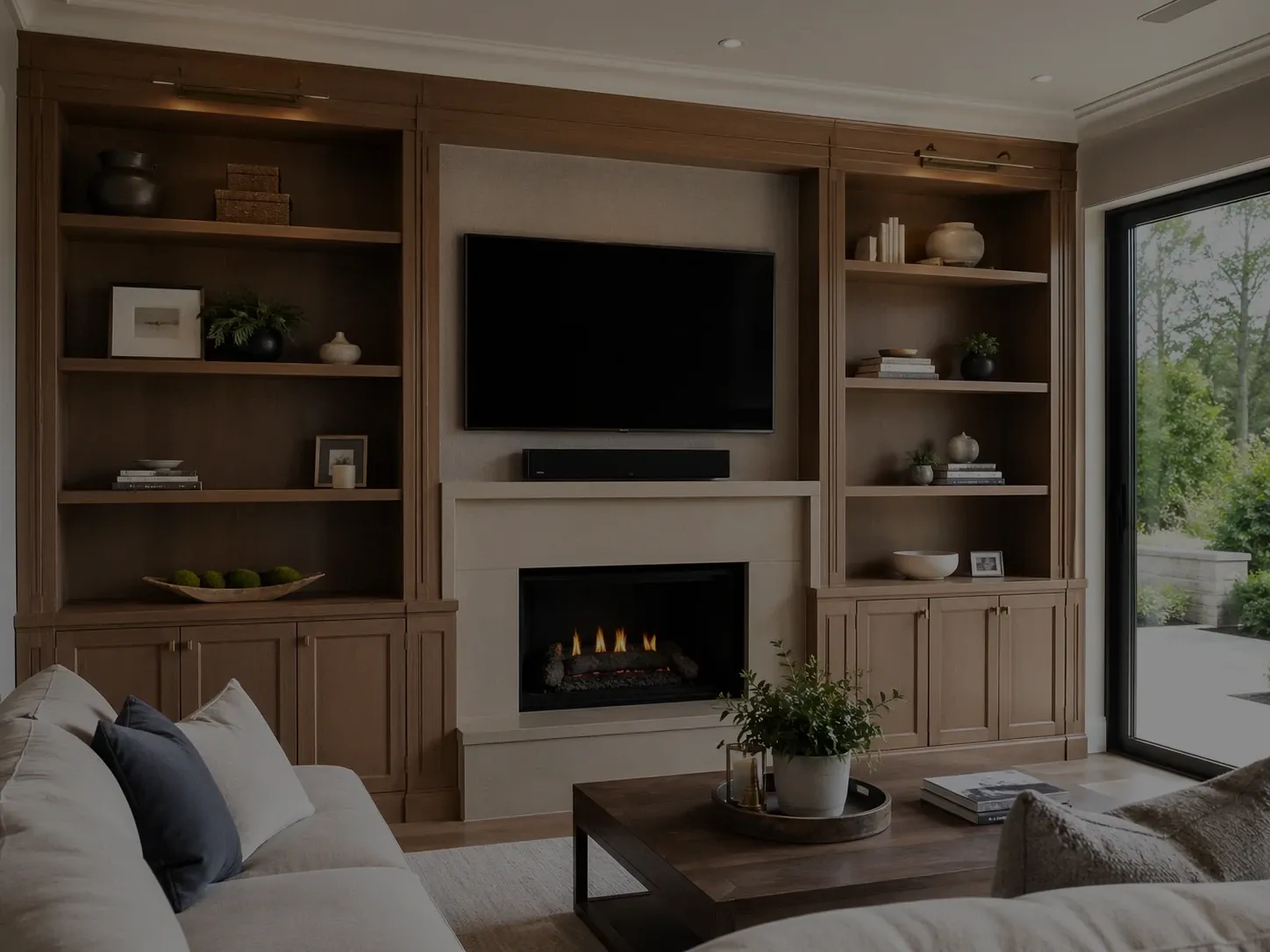 Custom wood built-in shelving and cabinets around a living room fireplace