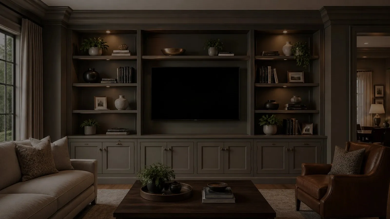 Dark painted custom built-ins with open shelving around a living room TV