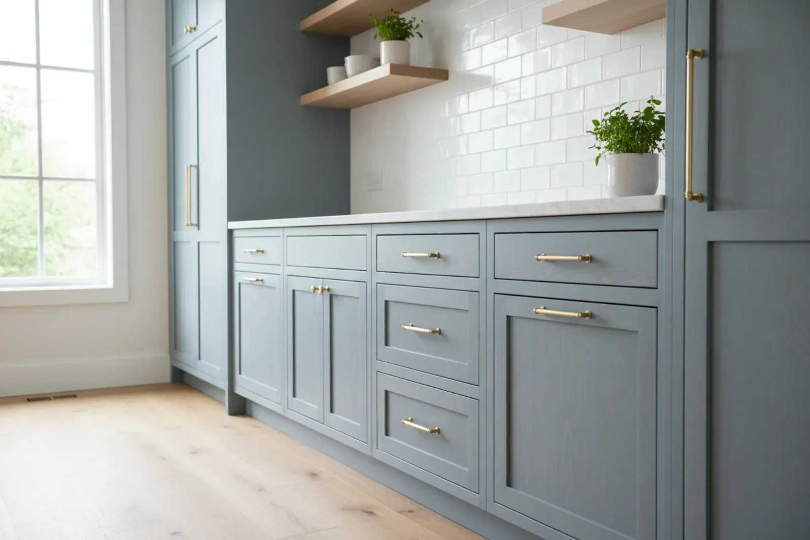 Run of custom shaker cabinetry along a bright kitchen wall