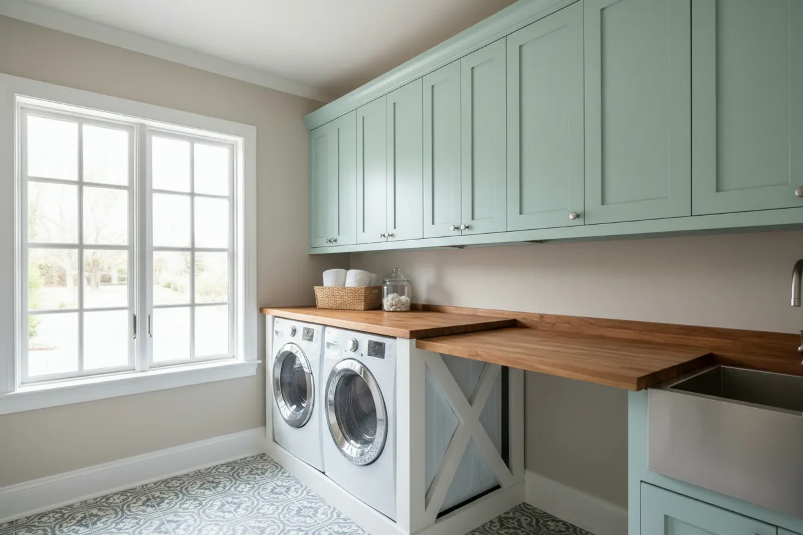 Laundry room with painted cabinetry above a folding counter