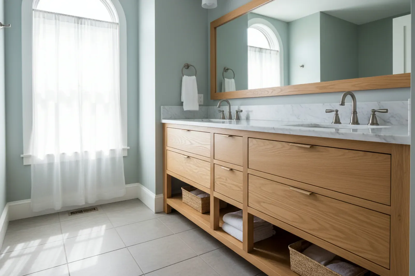 Bathroom vanity of custom wood cabinetry with a stone top
