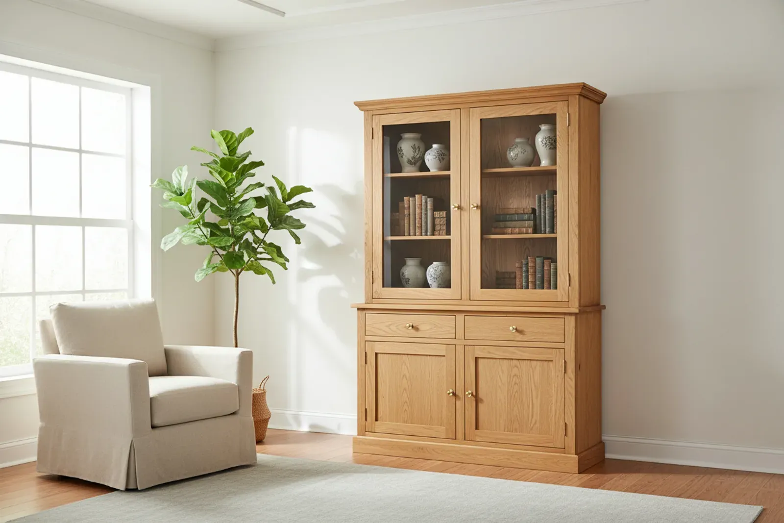 Freestanding furniture grade wooden cabinet with glass upper doors in a bright room