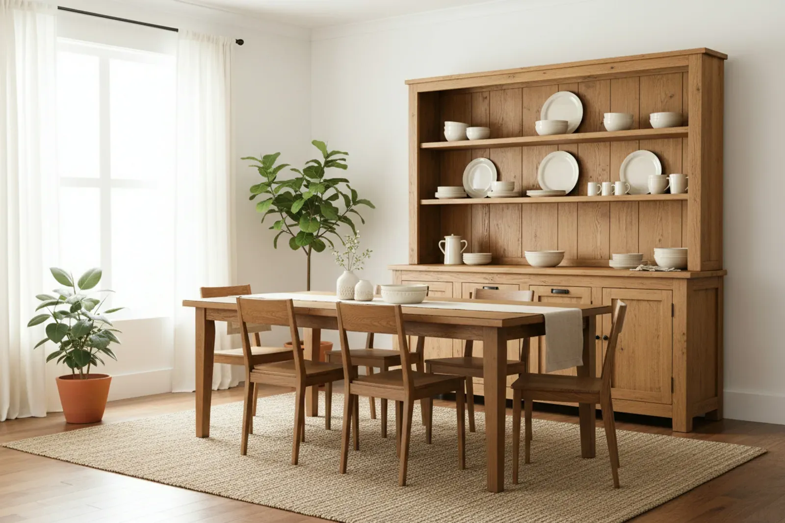 Wooden hutch with open plate shelving in a dining room