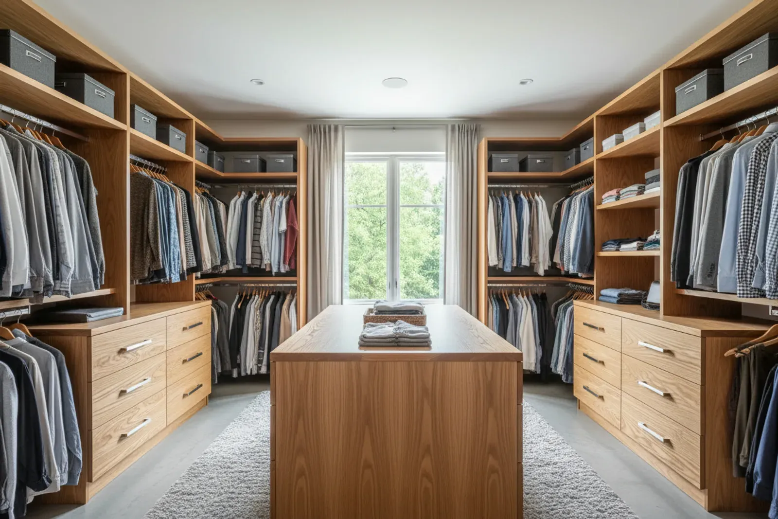 Walk-in closet of wood shelving, hanging rods, drawer banks and a centre island