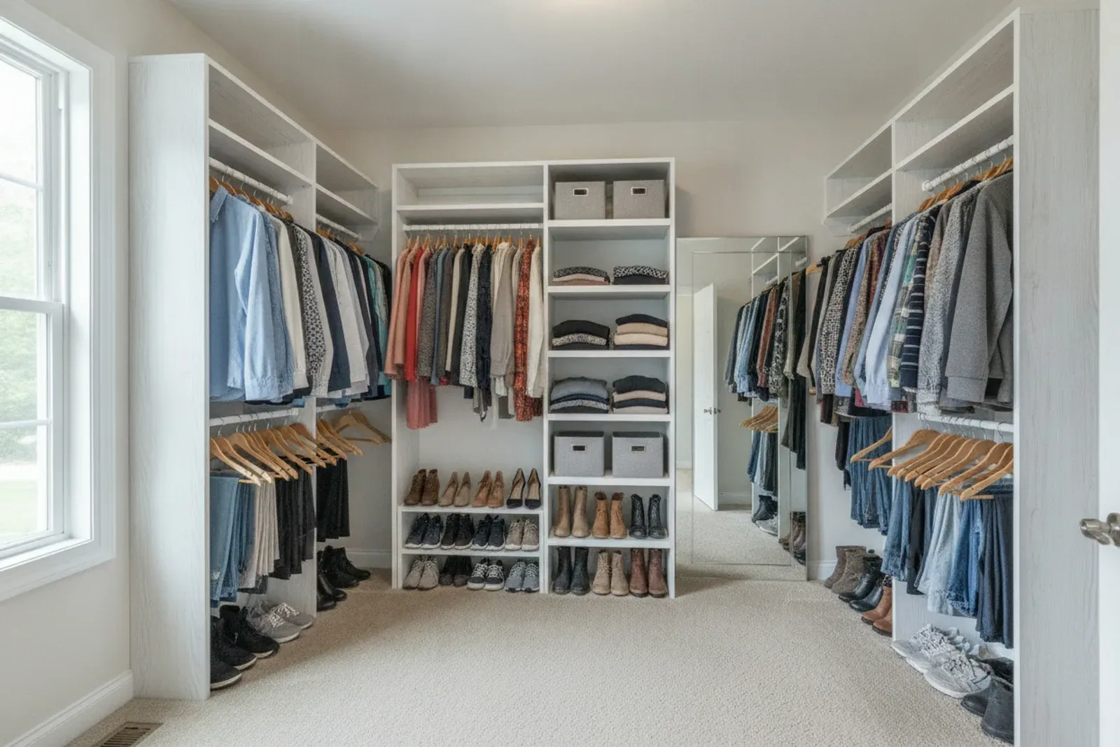 Reach-in closet with white shelving, double hanging rods and shoe racks