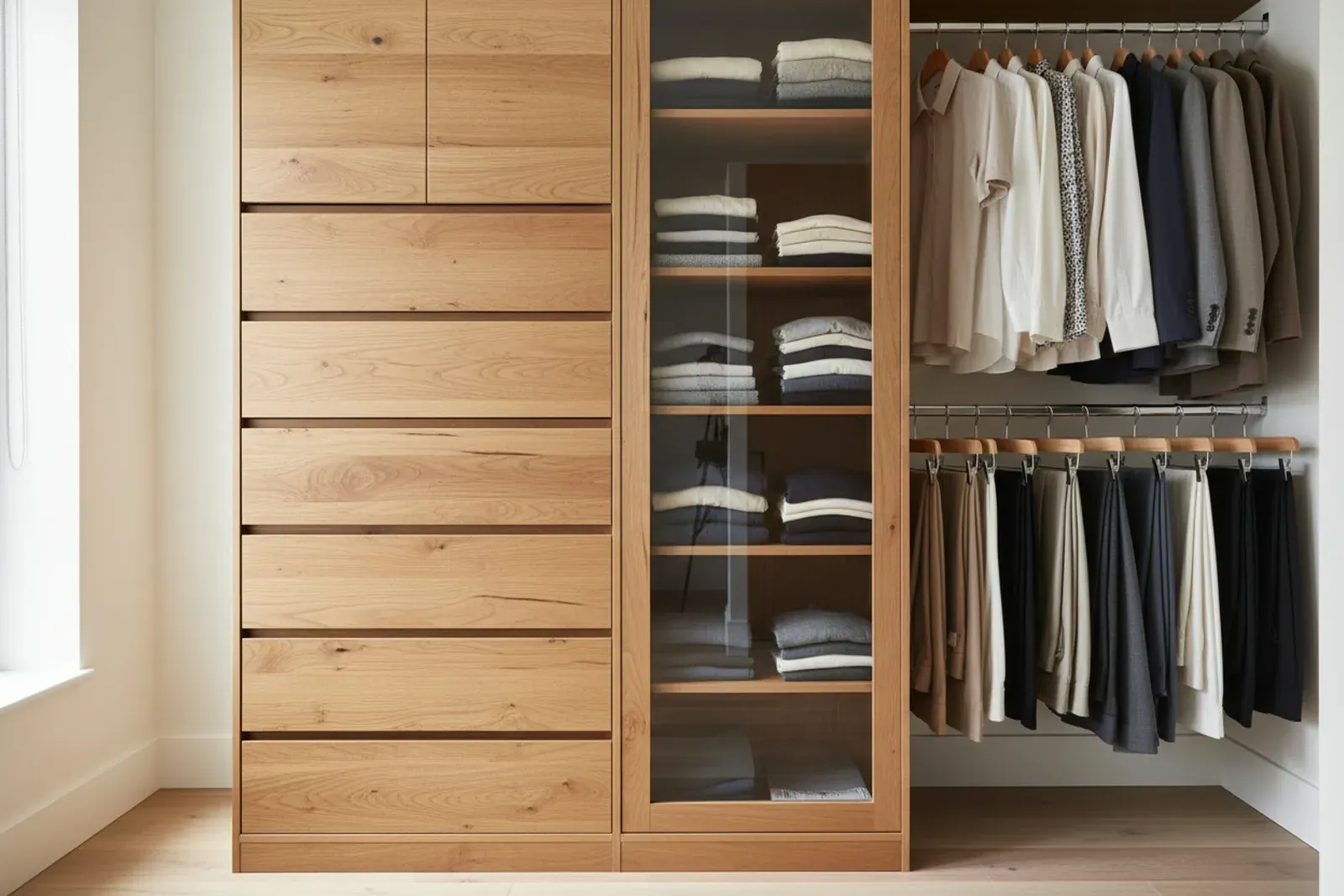 Closet corner of stacked drawers, a glass fronted door and hanging rods
