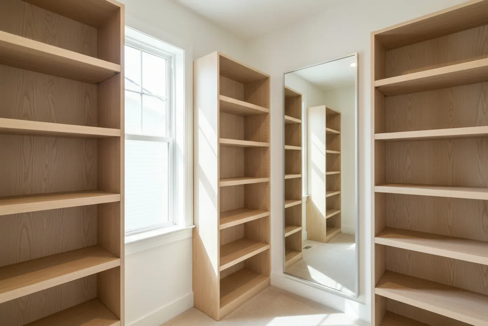 Bright closet of white oak shelving with a full length mirror
