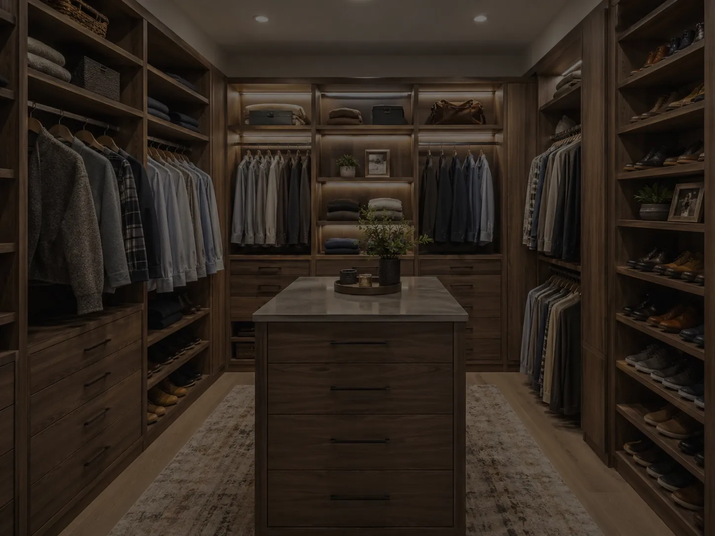 Walk-in closet with stained wood shelving, hanging rods and a center island
