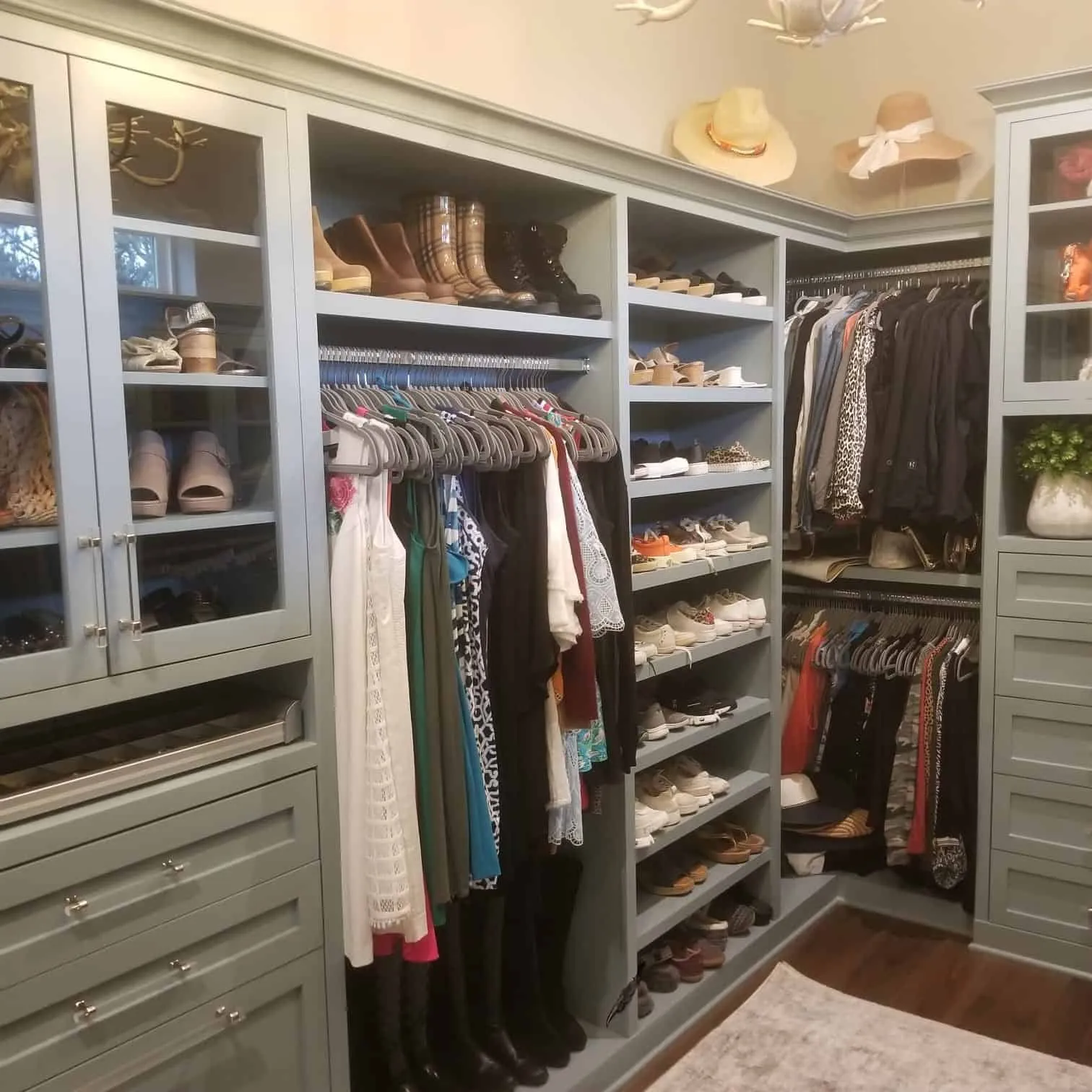 Sage green walk-in closet with glass door uppers and shoe shelves in St. Augustine
