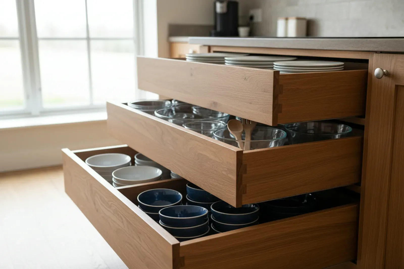 Deep dovetailed kitchen drawers pulled open with dishes stacked inside