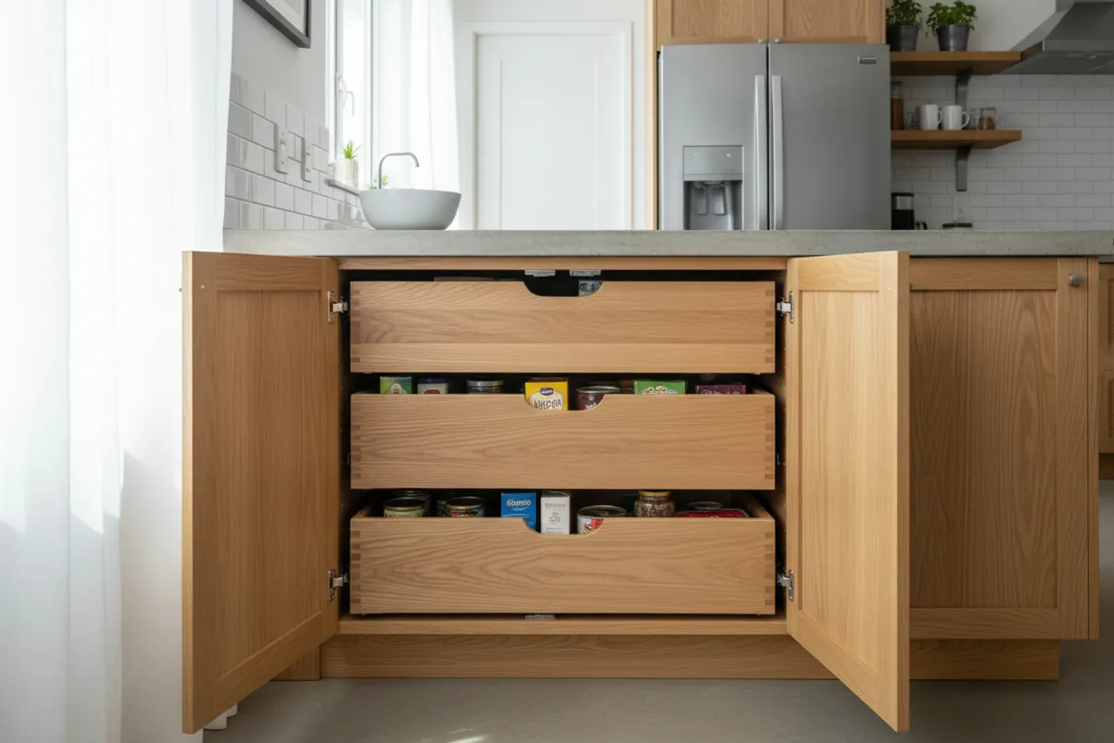 Roll out shelf converted from a dead base cabinet