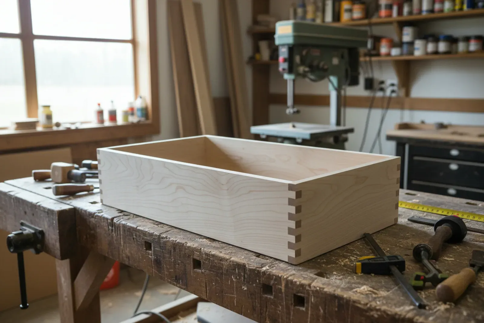 Dovetailed maple drawer box on a workbench