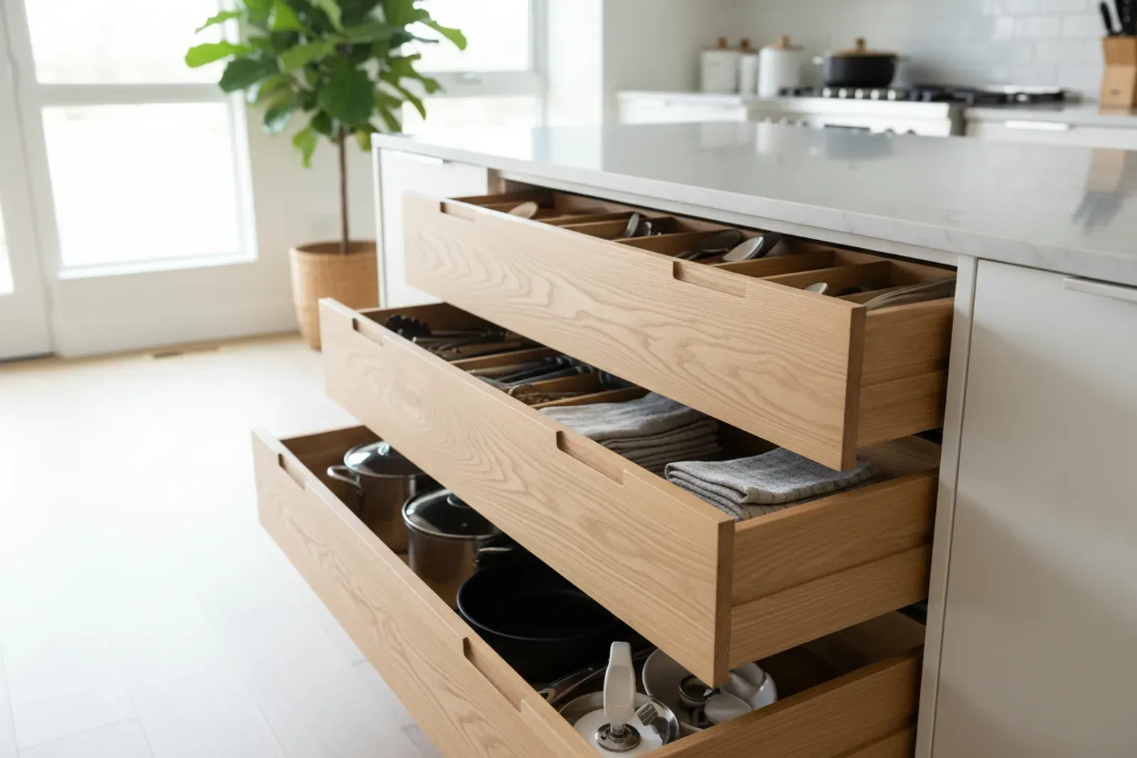 Bank of drawers in a kitchen island, graduated in depth