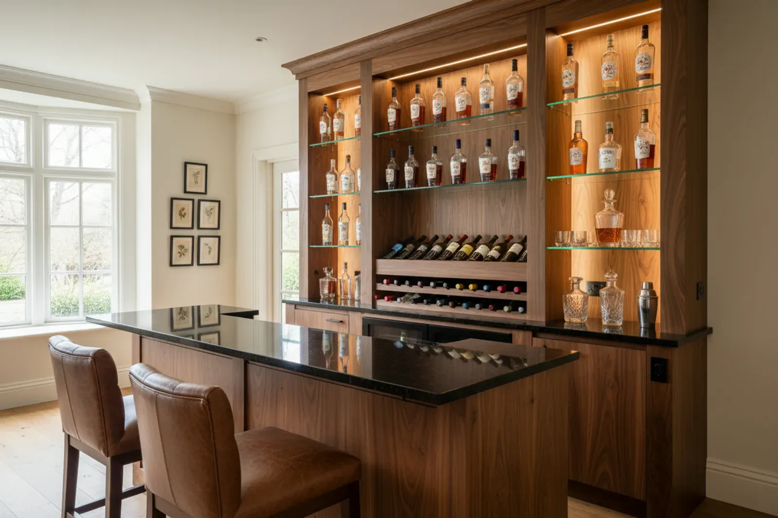 Home bar with a wooden back bar, glass shelves and bottle display