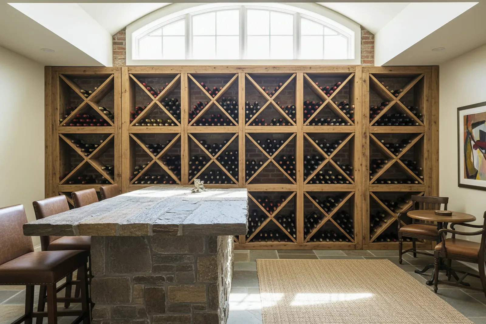 Basement bar with a stone counter and a wine bottle lattice