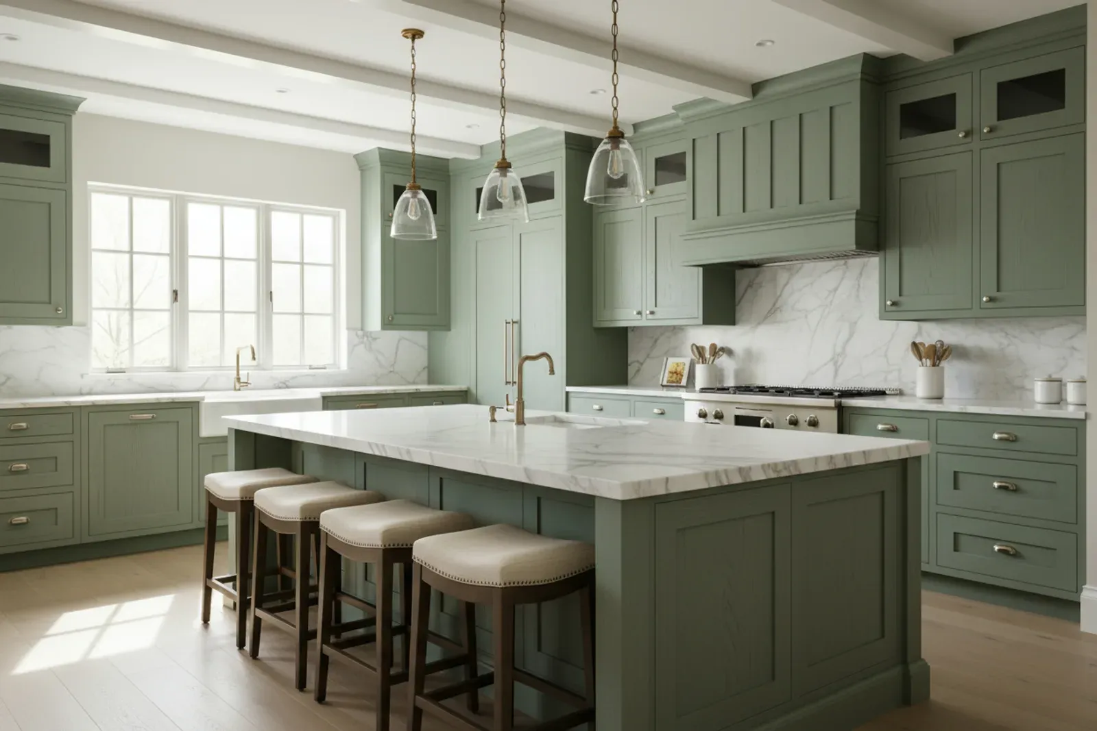 Custom kitchen of painted shaker cabinets with a large island and stone counters