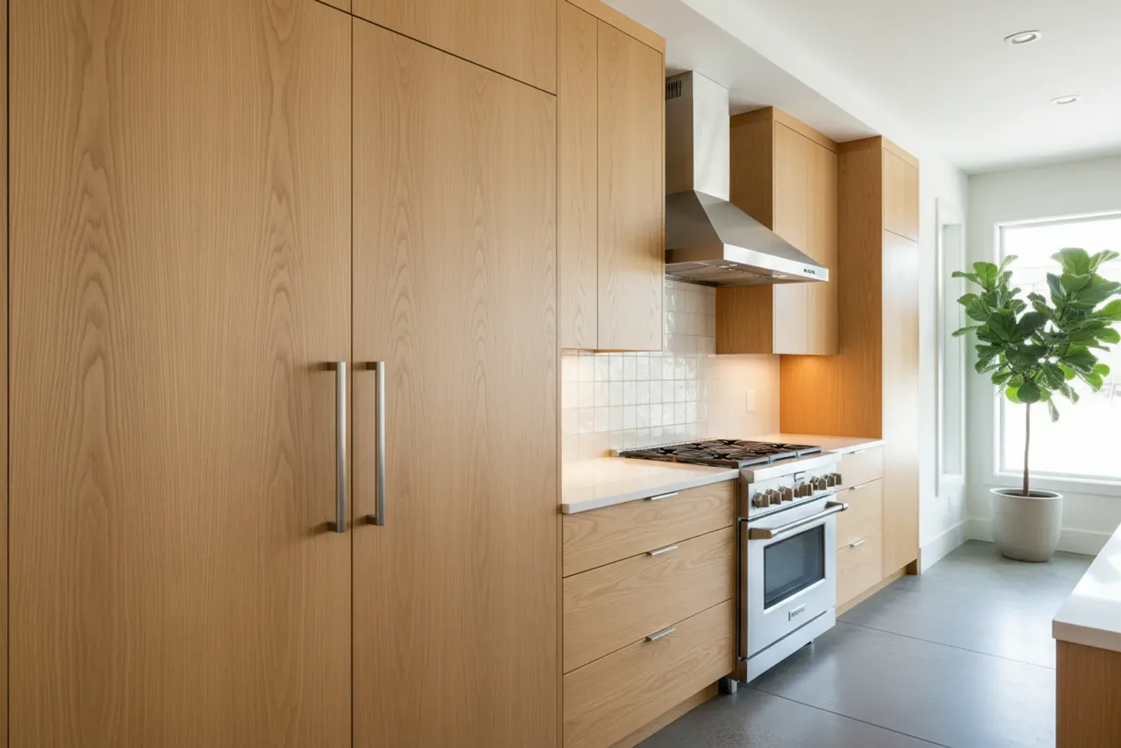 Run of tall kitchen cabinets to the ceiling beside a range