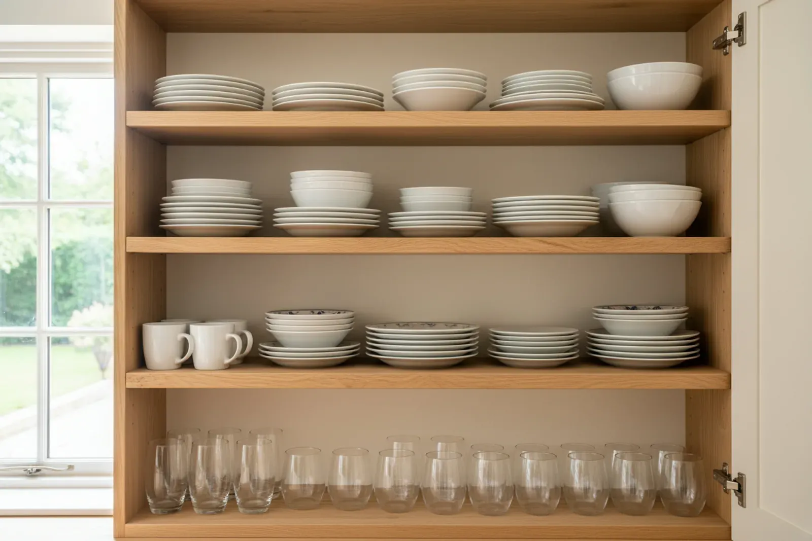 Kitchen cabinet interior with adjustable shelves and stacked plates