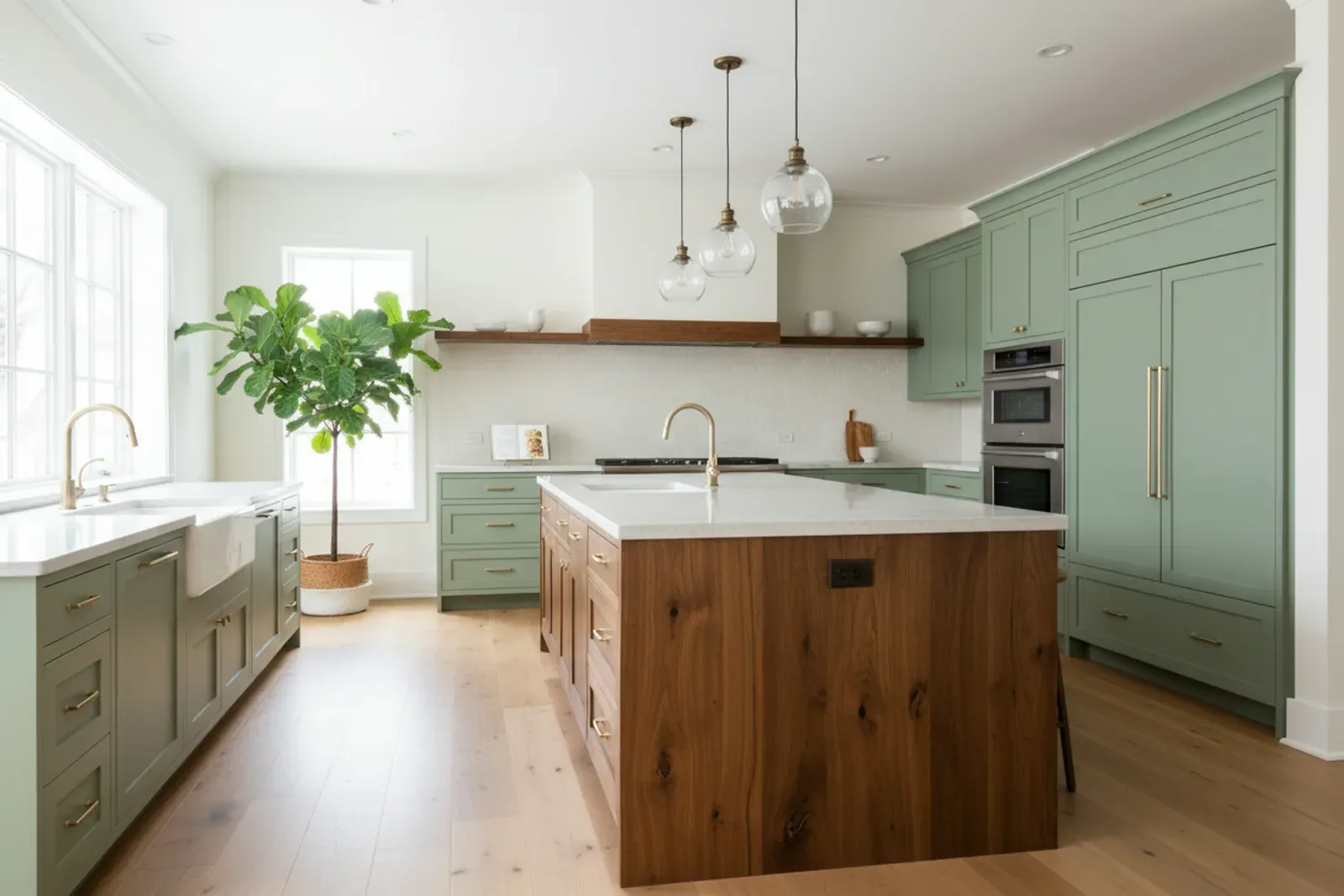 Two tone kitchen with a stained island and painted perimeter cabinets