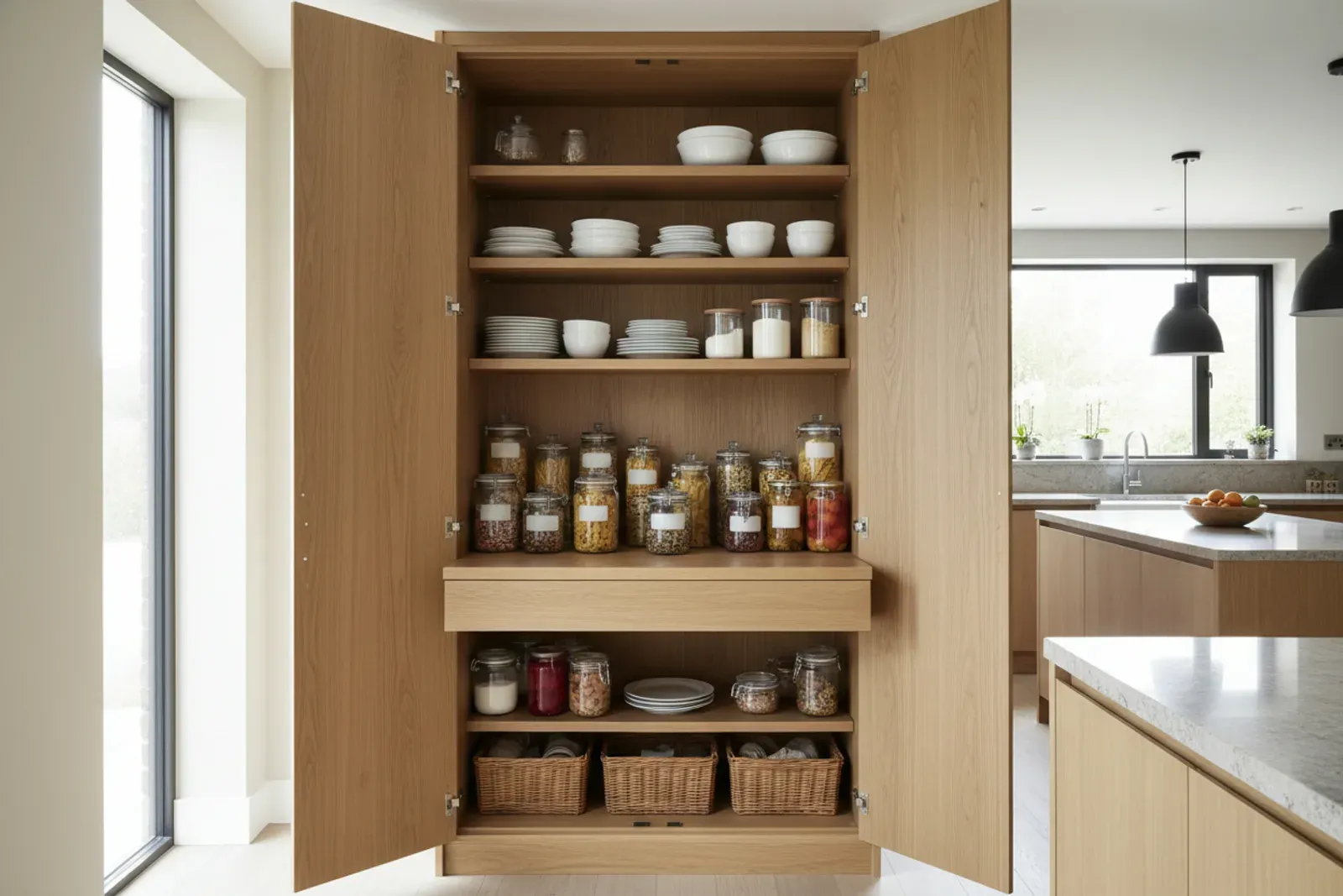 Tall larder cupboard with doors open, an interior work surface and jars